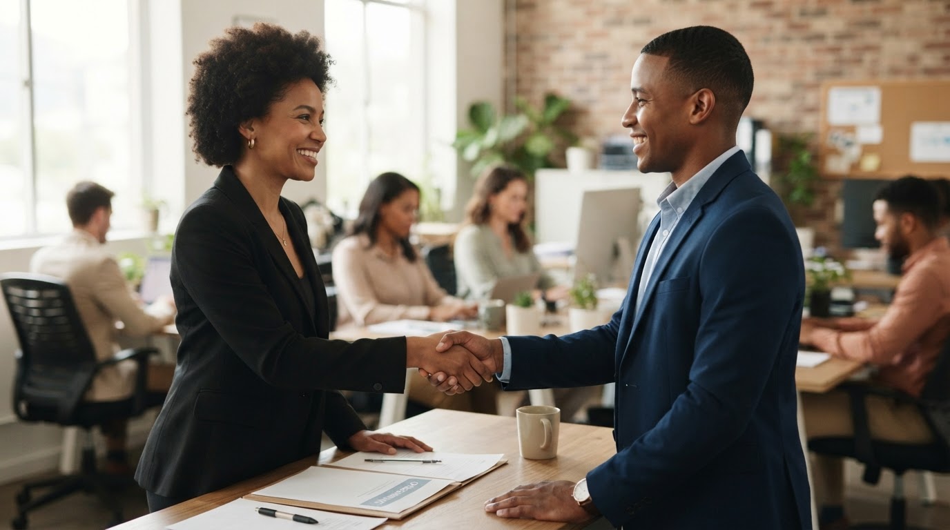 African American hiring manager welcoming a new employee with a handshake on his first day