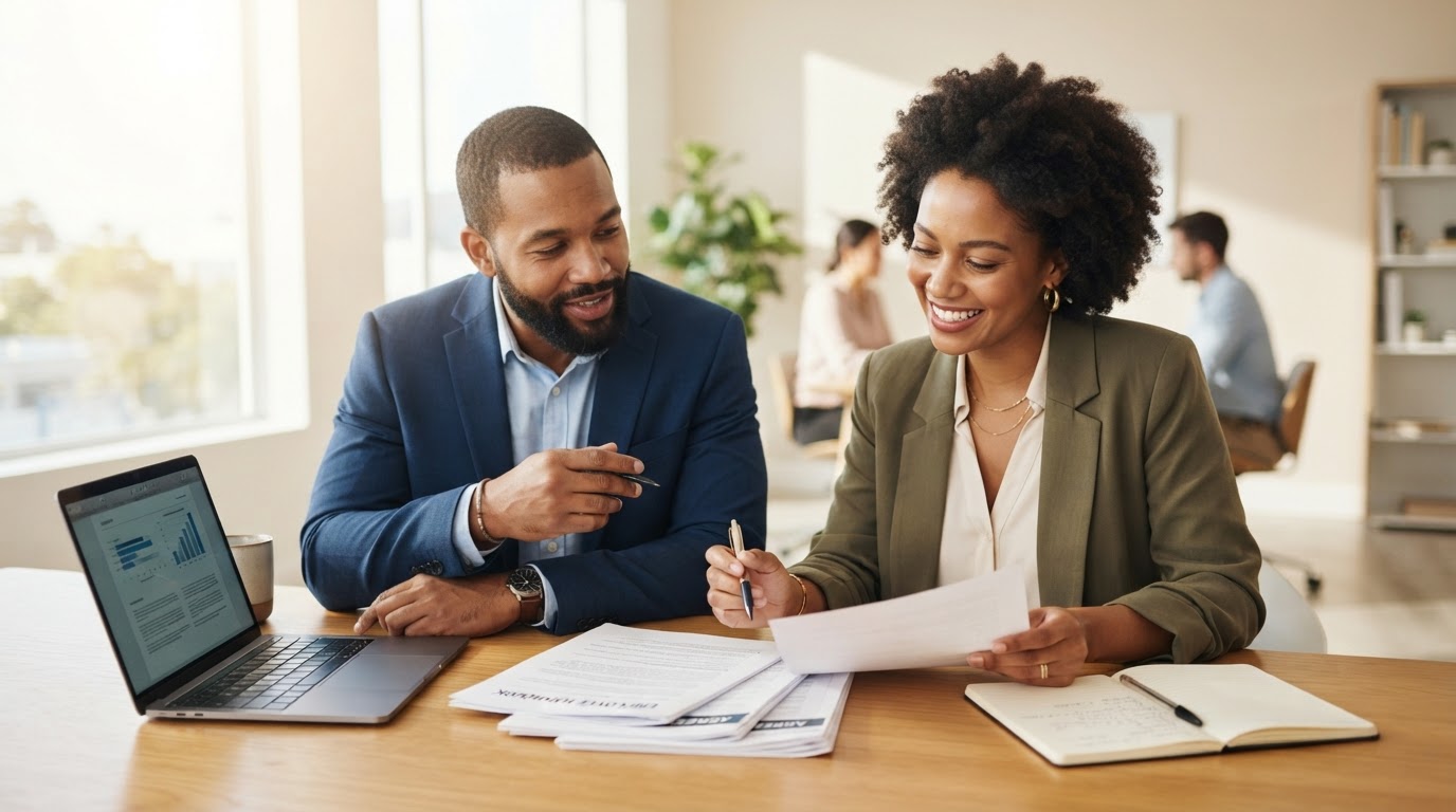 African American business owner and HR consultant reviewing compliance documents together at an office table