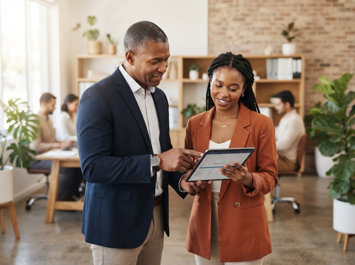 African American HR consultant reviewing payroll and leave paperwork on a tablet with a business owner