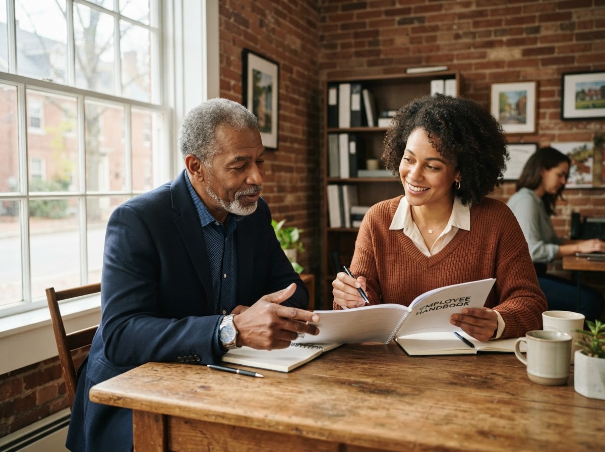 African American business owner and HR consultant reviewing an employee handbook at a table in a New England office