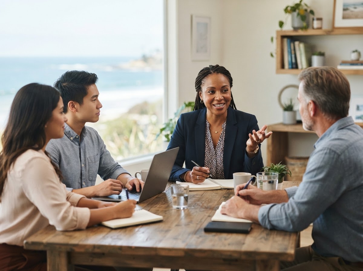 African American HR consultant leading a small team meeting around a table in a bright coastal office